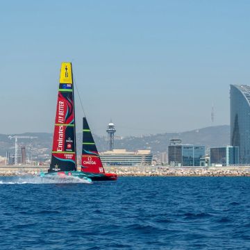 Emirates Team New Zealand sail their AC75 Te Rehutai in Barcelona