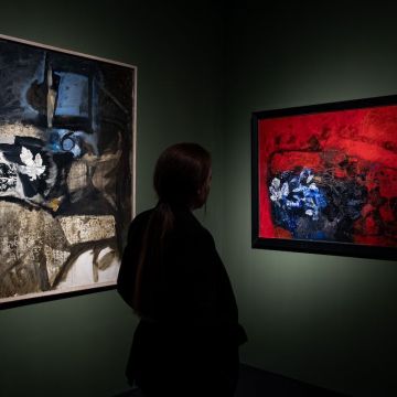 Visitant observant Hojas y Tapete (1964) esquerre, y Nature Morte (1960), dreta. Antoni Clavé, Palau Martorell