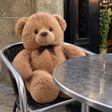 Un os de peluix assegut en una terrassa de bar © ChatGPT Un os de peluix assegut en una terrassa de bar © ChatGPT