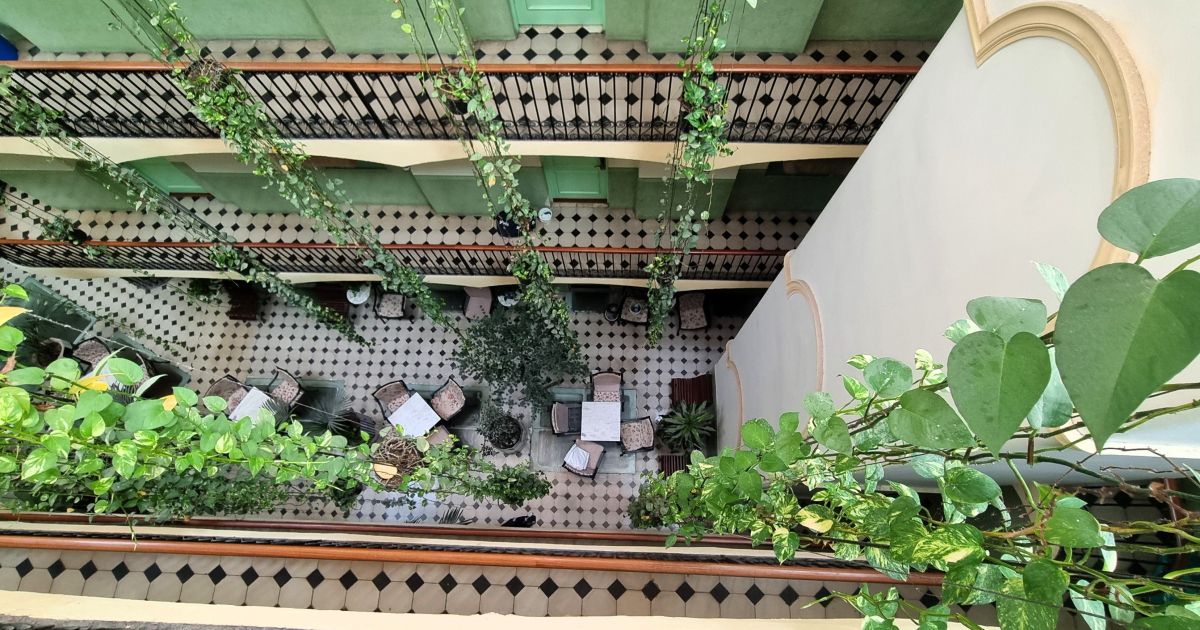 El patio común a todas las habitaciones y sus plantas son la característica más singular de este establecimiento (Javier Ortega Figueiral)