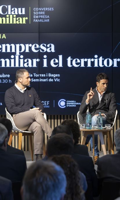Francesc Giné, director general de Grup Gepork, i Julià Ferrer, director general de Frigorífics Ferrer, protagonitzen la primera sessió del cicle 'En Clau Familiar'. © Marc Llibre