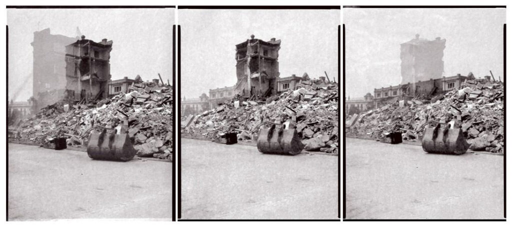 Fotografías de Martí Llorens del derribo de un edificio ferroviario en la avenida Icaria