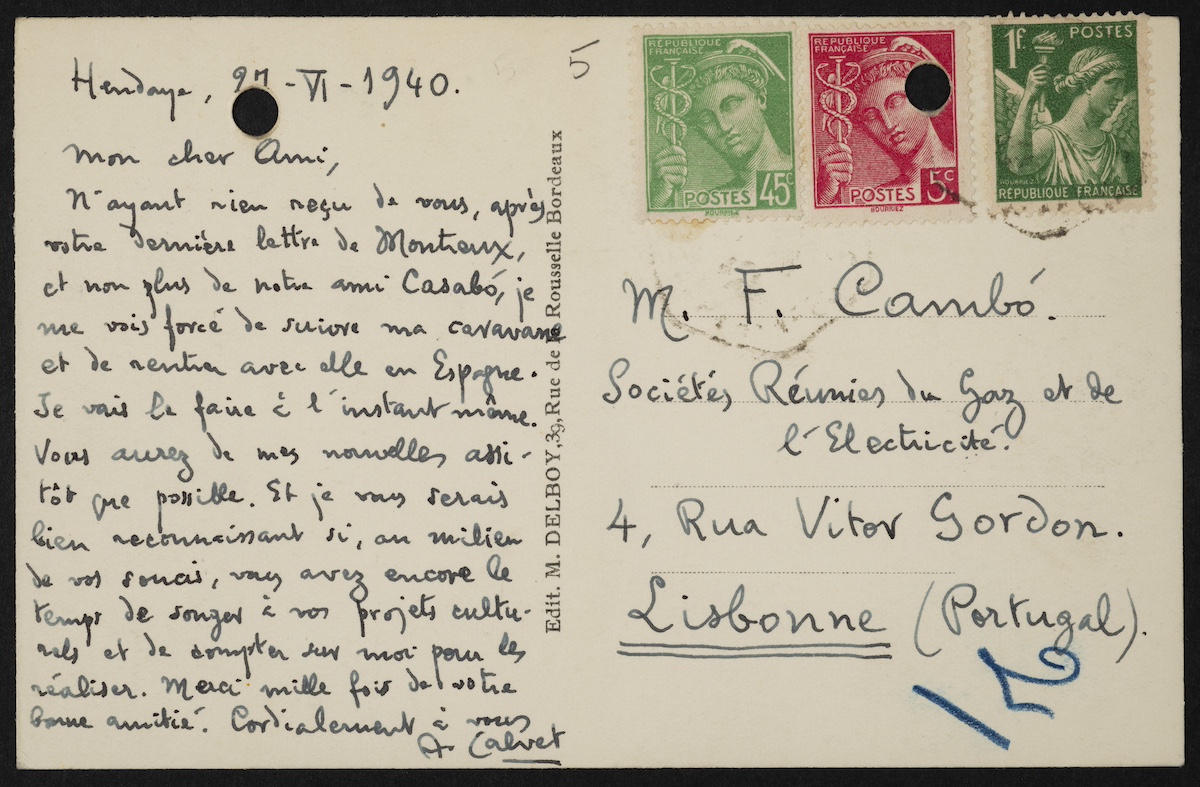 Postal enviada por Gaziel a Francesc Cambó, a Lisboa, fechada en Irún el 27 de junio de 1940